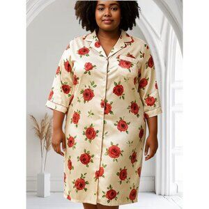 80s-90s Vintage Floral Satin Nightgown Robe One Size Rose Red Ivory Button-Down